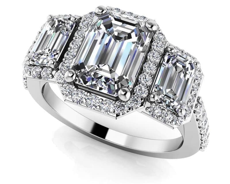 Sparkling Three Stone Emerald Cut Engagement Ring