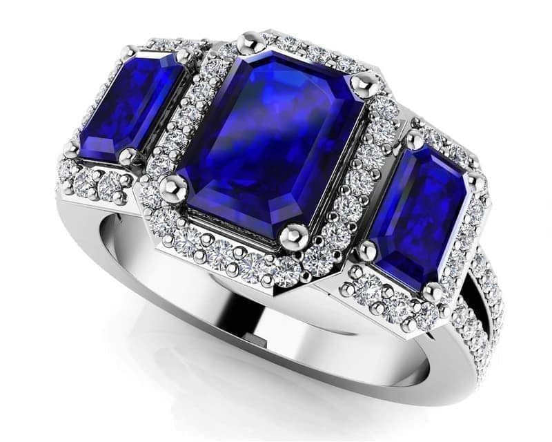 Emerald Cut Gemstone And Diamond Halo Ring