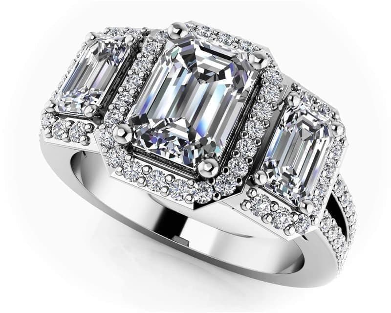 Three Stone Emerald Diamond And Halo Surround Ring