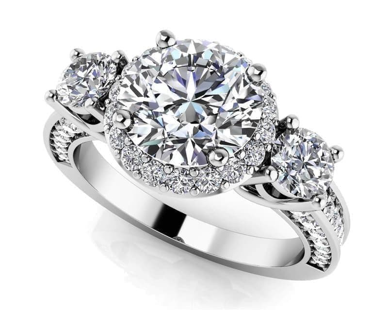 Exquisite Three Stone Diamond Halo Engagement Ring