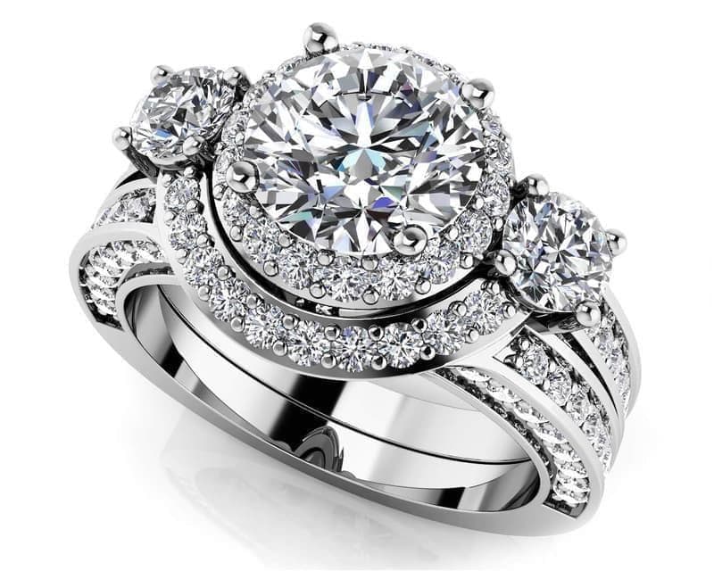 Exquisite Three Stone Diamond Halo Bridal Set
