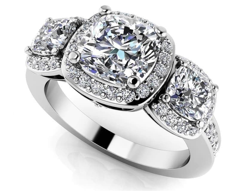 Classic Three Stone Cushion Cut Diamond Halo Ring