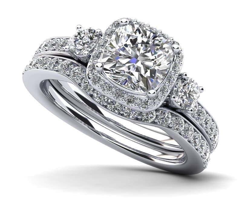 Cushion Cut Halo Diamond Bridal Set Ring with Side Stones