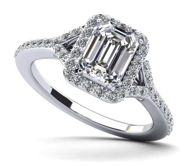 Emerald Cut Halo Diamond Engagement Ring with Split Shank