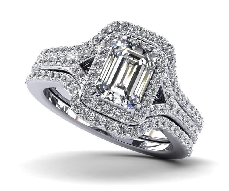 Emerald Cut Halo Diamond Wedding Set Ring with Split Shank