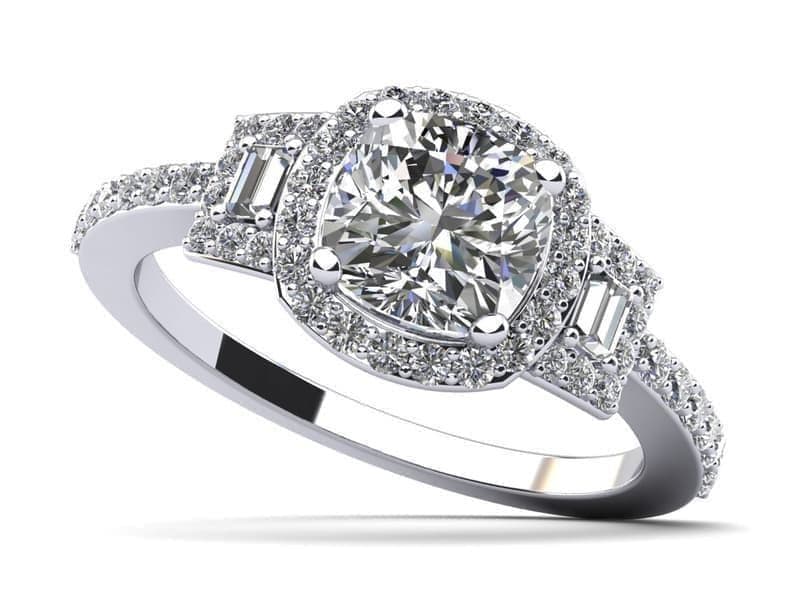 Cushion Cut and Baguettes Engagement Ring