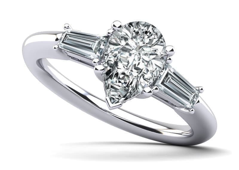 Pear and Baguette Three Stone Diamond Engagement Ring