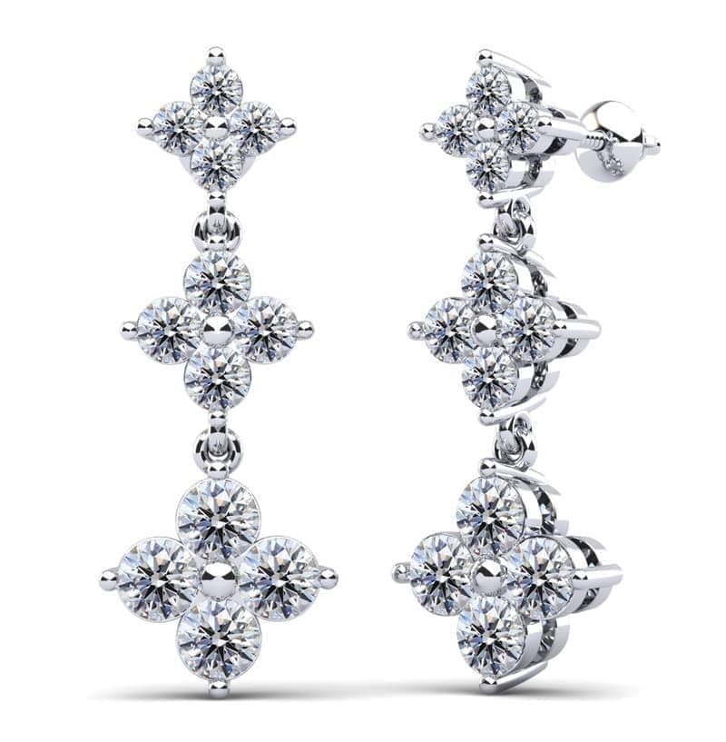 Elegant Diamond Drop Earrings with Triple Clusters and Three Diamond Sizes