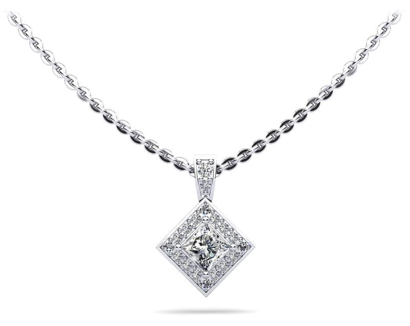 Princess Cut Diamond Pendant with Round Diamonds Surround