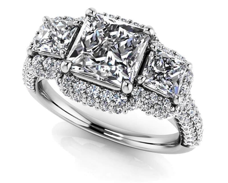Three Stone Diamond Double Halo Anniversary Ring
