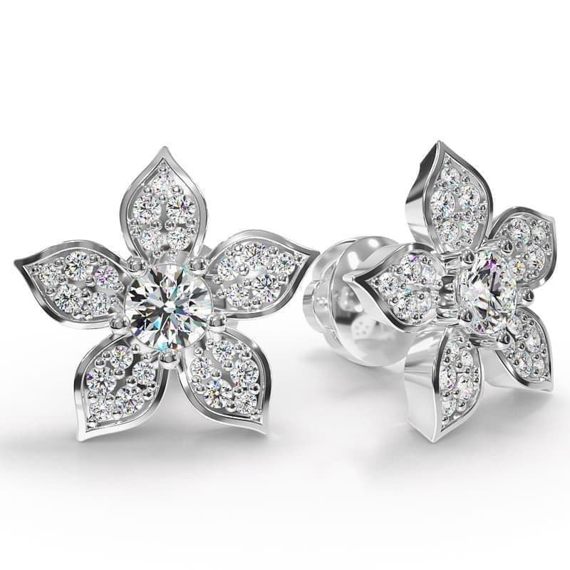Flower Design Diamond Stud Earrings with Center Diamond
