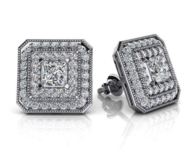 Square Shaped Princess And Round Diamond Studs